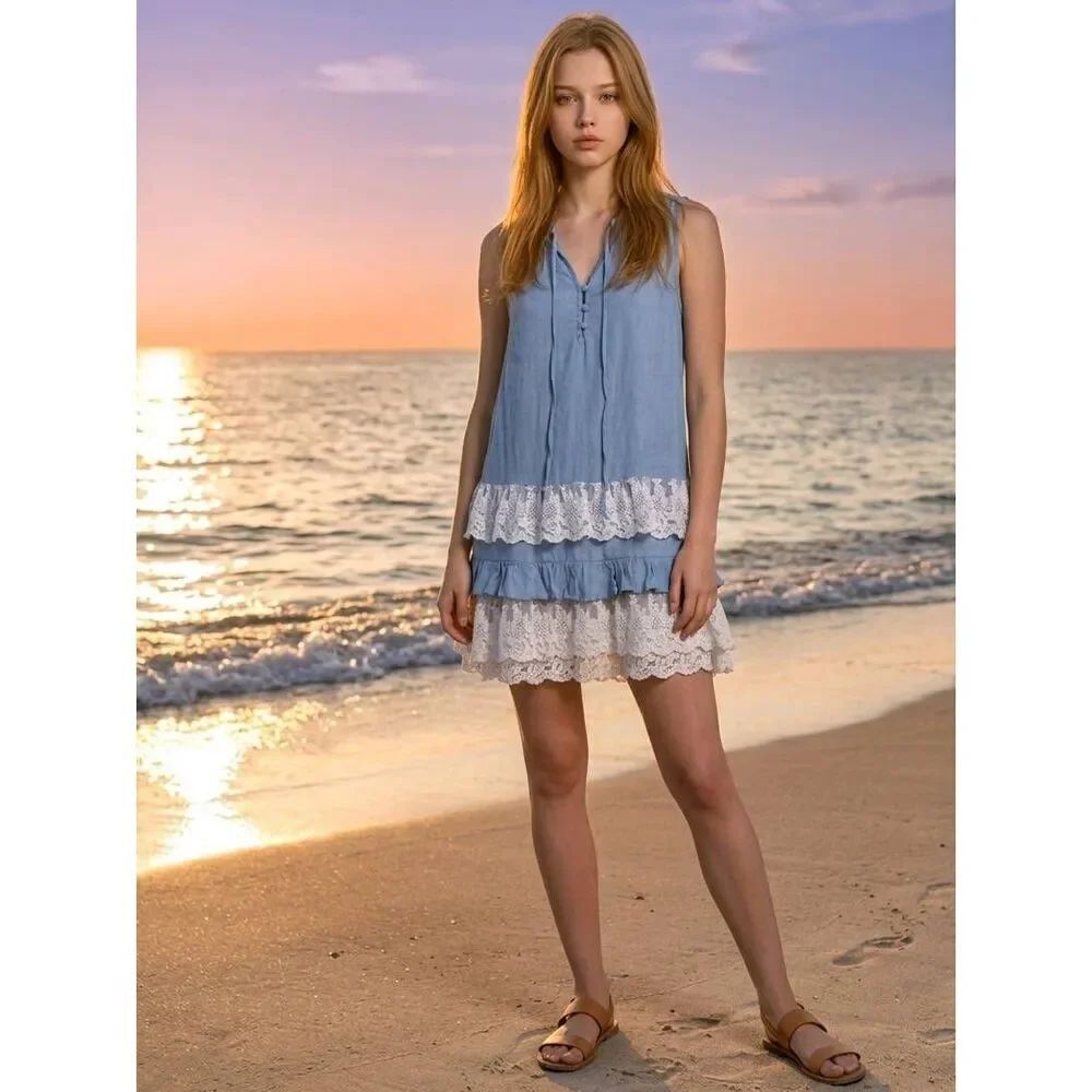 🔹️Entro Blue & White Ruffled Lace Sleeveless Dress Small
